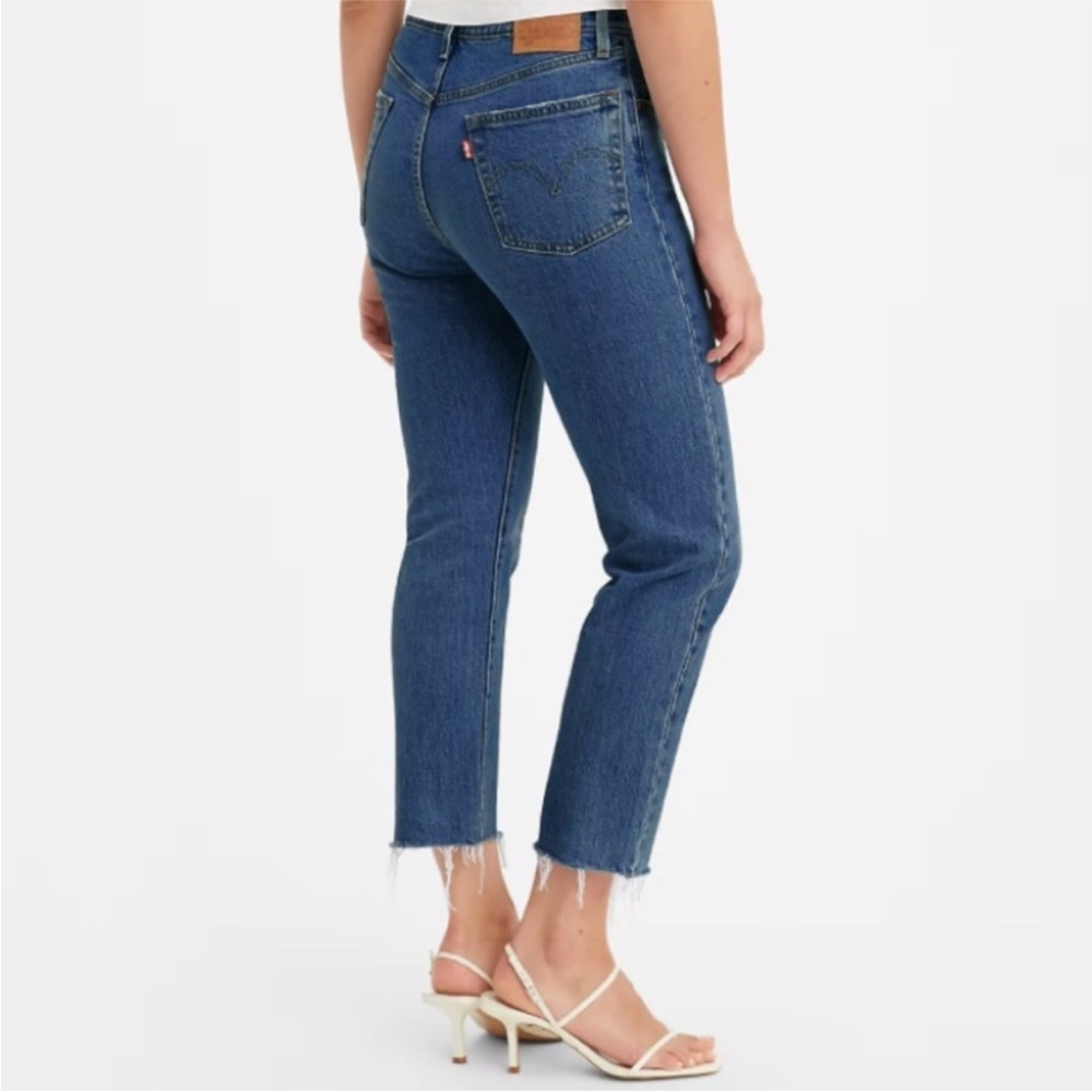 Levi's 501 Premium Original Fit Straight Leg Cropped Jeans Medium Blue Frayed